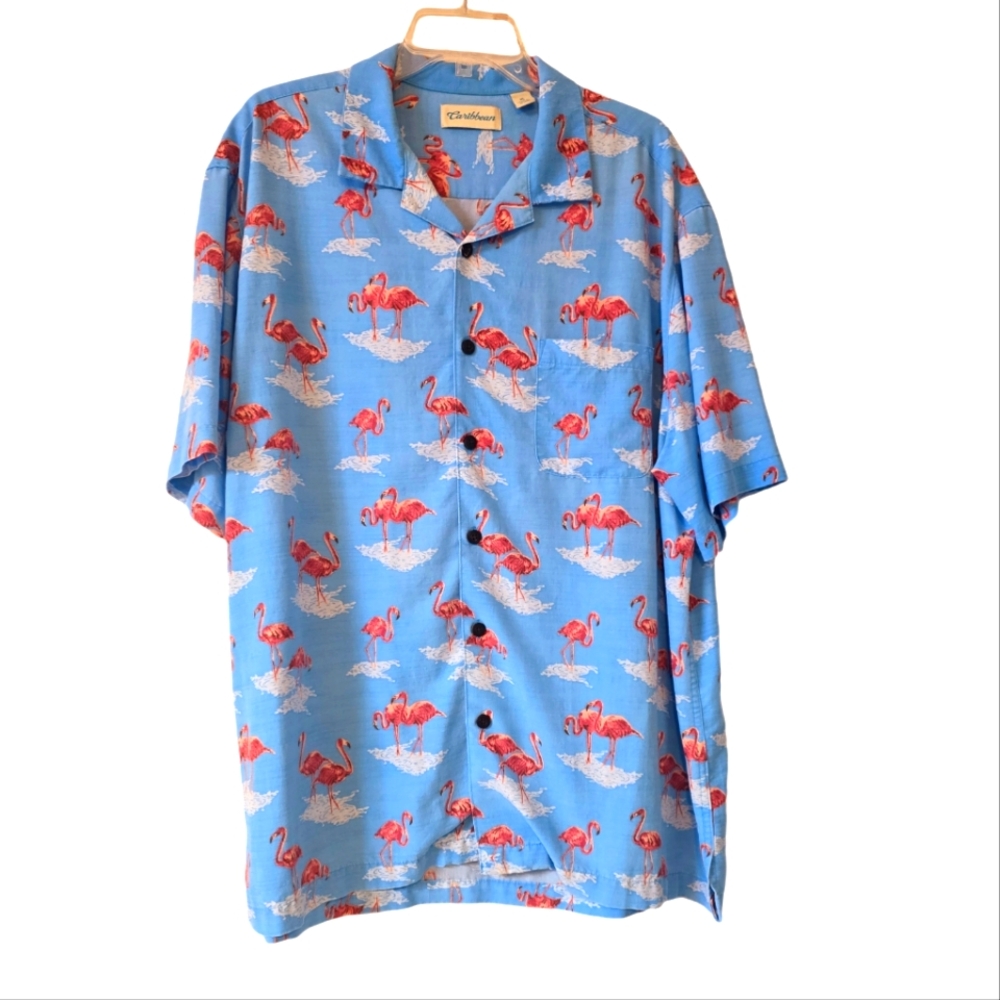Caribbean Men's Flamingo Print Short Sleeve Button Down Shirt  Size XL